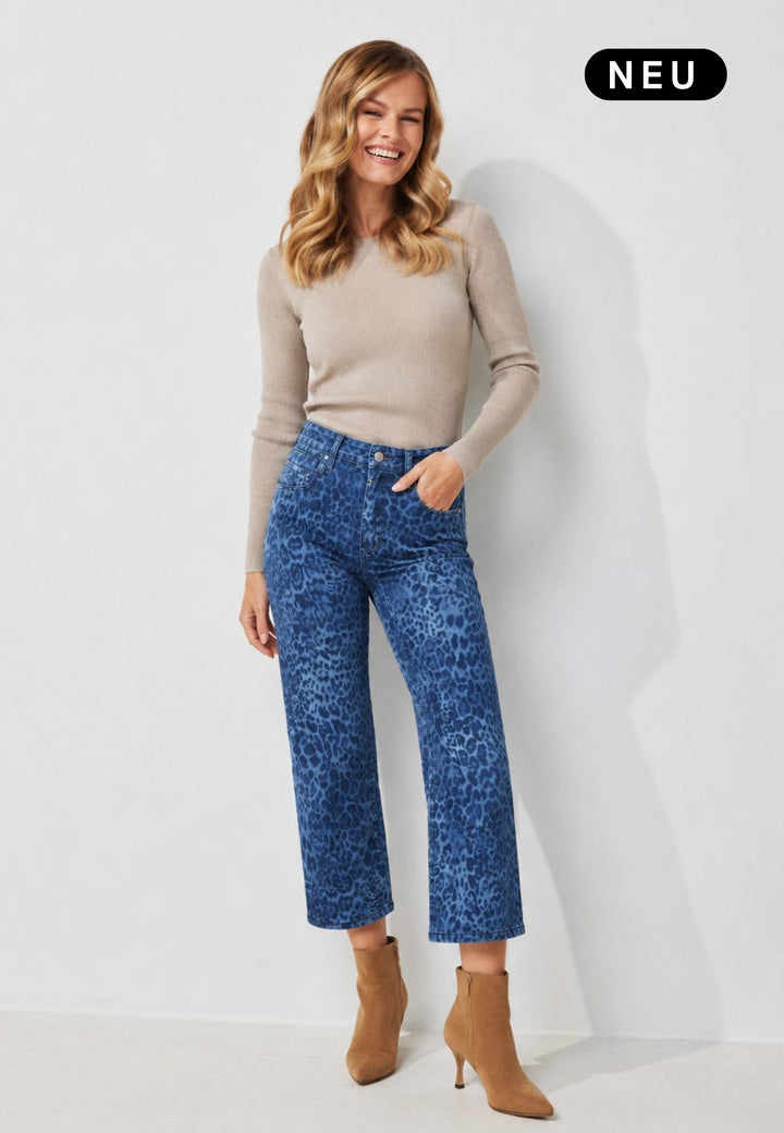 wonderjeans Relaxed Straight Ankle Blue Denim Leo Print